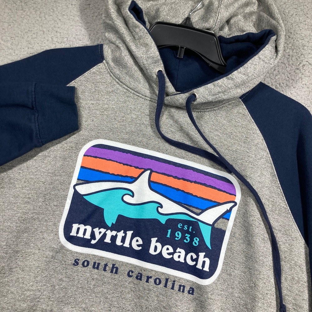 Myrtle Beach Shark Hoodie Adult 2XL Gray Navy Raglan Pullover Sweatshirt